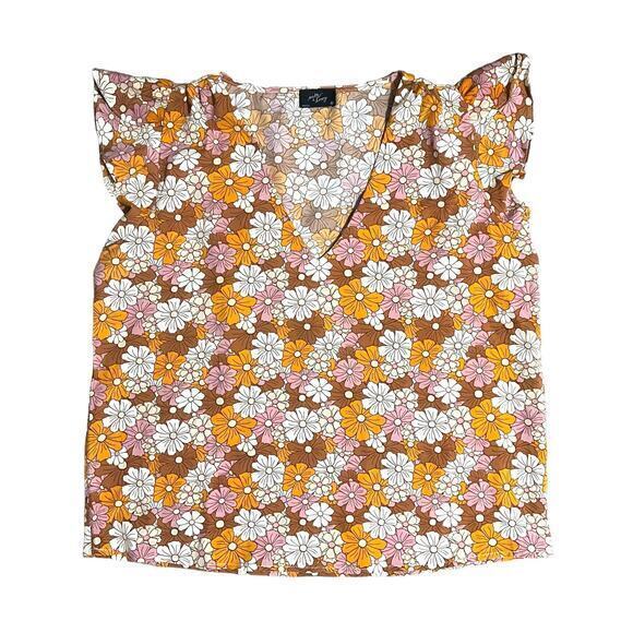 Milk & Honey Floral Blouse Shirt Top Size XL Flutter Sleeve Pink Orange V-Neck - Picture 1 of 7